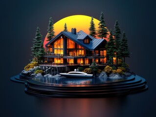 A retro-futuristic boathouse at sunset glows warmly amidst pine trees, with a sleek boat docked below in this dreamy architectural concept, leeyongjay style.