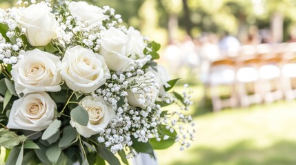 Elegant White Rose Bouquet at Outdoor Wedding