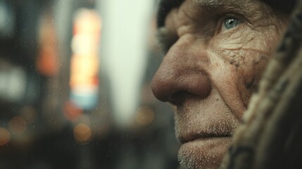 A Contemplative Gaze: An Elderly Man's Portrait in Urban Blur