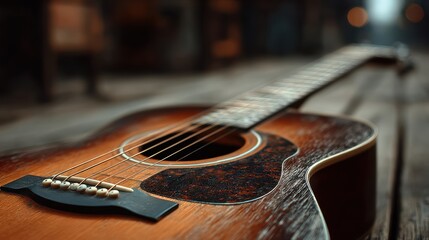 Acoustic Guitar on Wooden Floor: A Musical Still Life
