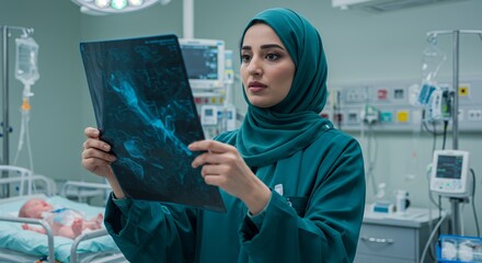 A female doctor in a hijab carefully examines a medical scan, a serious expression on her face, in a modern hospital setting.