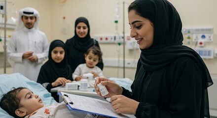 Compassionate female doctor reviews medication with a young patient's family in a hospital room, offering comfort and care.