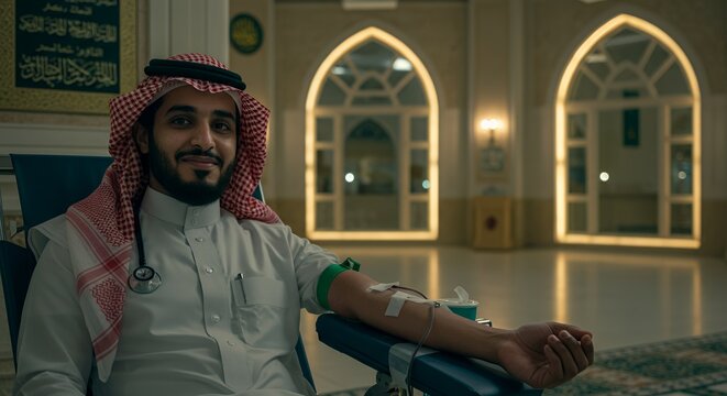 Compassionate doctor donates blood in a serene mosque setting, embodying selfless service and faith.