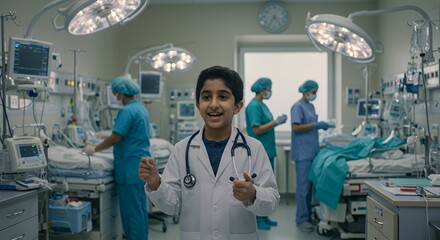 Young aspiring doctor smiles confidently in a bustling hospital operating room, surrounded by medical professionals.