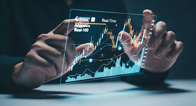 Stock market trading concept. Trader's hands viewing a holographic interface with candlestick charts and financial data for investment strategy.