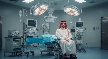 A man in traditional Middle Eastern attire sits calmly in a wheelchair within a modern, sterile operating room.