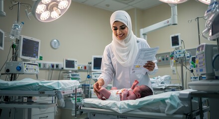 Gentle hands, a new life begins: A smiling doctor examines a newborn in a modern hospital delivery room.