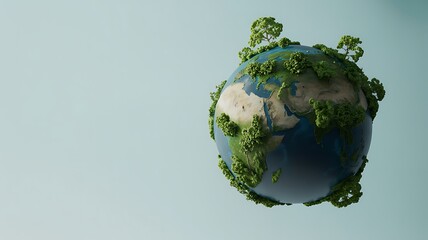 Fototapeta premium Lush green trees growing on the surface of planet earth in a light blue background