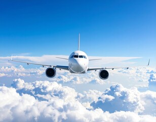 Fototapeta premium Airplane Flying Through Sky Above the Clouds, Travel and Transportation Concept