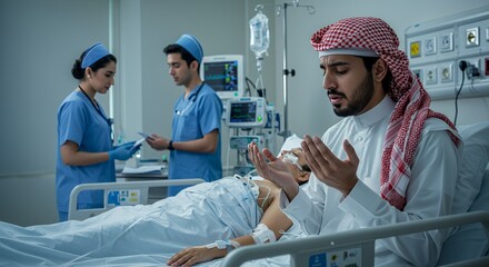 A man prays fervently beside a hospitalized loved one, while medical staff attends to the patient in the background.