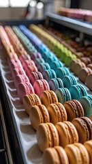 Rows Of Colorful Macarons Displayed On Parchment Paper In Diagonal Composition
