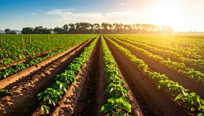 Rows Of Sweet Potato Vines Covering Tilled Ground Under Bright Sunlight With Green Foliage And Clear Blue Sky
