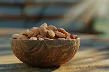 sharp image of Bowl of raw whole almonds for a healthy snack