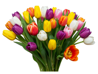 A vibrant bouquet of multi colored tulips with green leaves isolated on transparent background