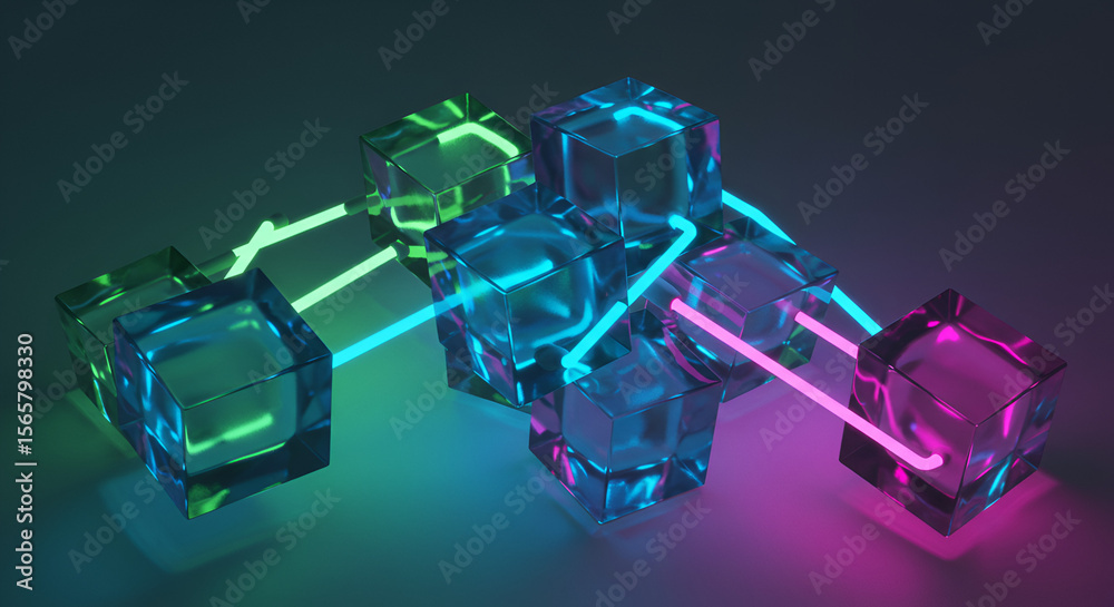 Fototapete connected network of colorful glowing glass cubes, conceptual connection structure