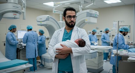 A doctor gently cradles a newborn in a busy hospital operating room, showcasing the dedication and care of medical professionals.
