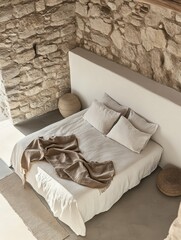 ultra HD visual of Top view of white and stone bedroom high detail