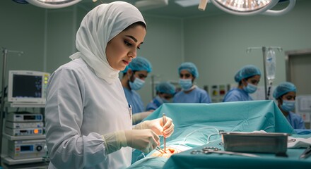 Focused female surgeon performs delicate surgery in a modern operating room, assisted by a skilled medical team.