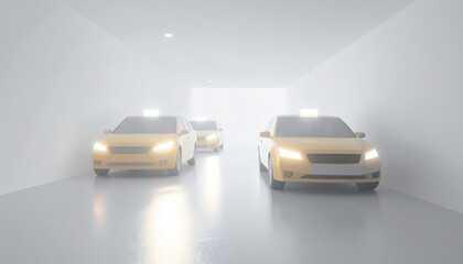 Fototapeta premium Three Yellow Taxi Cabs Driving Through a Rain Slicked Tunnel Illuminated By Bright Headlights and Reflective Street Surface