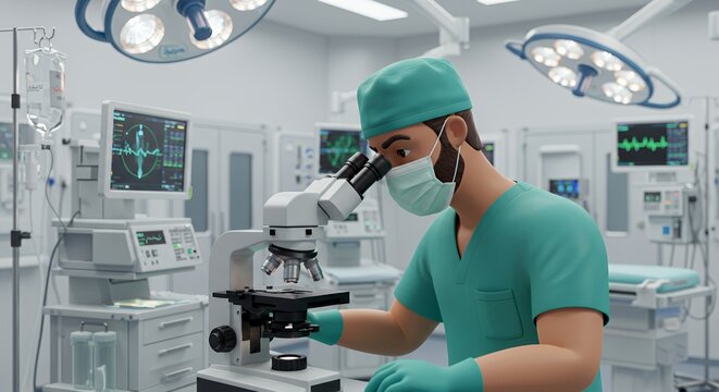 Focused surgeon meticulously examines a sample under a powerful microscope in a modern operating room.