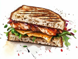high definition visual of delicious fresh homemade sandwich with chicken burspit roasted meat
