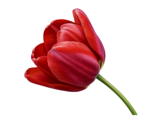 Detailed close up of a vibrant red tulip with delicate petals and a green stem isolated on transparent background
