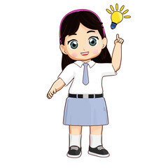 3D illustration of a clever schoolgirl in uniform pointing at a glowing light bulb, symbolizing a brilliant new idea.