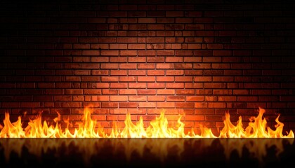 Vibrant Flames Burning At Base Of Dark Brick Wall With Reflected Light