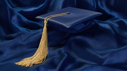 Blue Graduation Cap with Gold Tassel on Satin Fabric Background