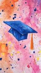 Watercolor Graduation Cap Artwork Vibrant Splash Background