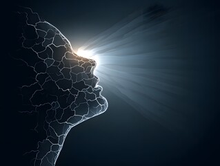 Enlightenment, a face emerges from the darkness, illuminated by a radiant light, symbolizing knowledge, hope, and the pursuit of inner peace.