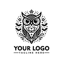 Black and white stylized logo featuring an owl, decorative elements, and space for text.
