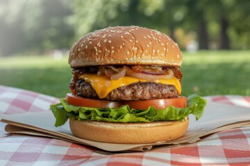 A photograph of a juicy hamburger with melted cheddar cheese nestled between a toasted sesame seed bun