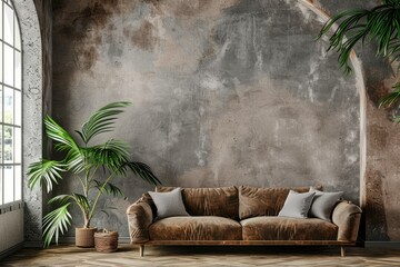 Brown Sofa in Loft Living Room Interior with Tree Plant 3D Background Template Design