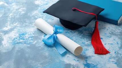 Graduation Cap Diploma and Blue Book Education Achievement Concept