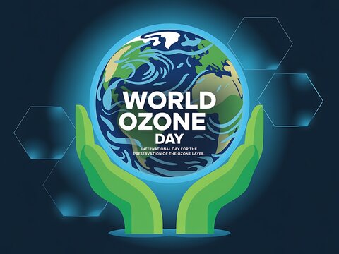 World ozone day illustration showing hands protecting planet earth and its ozone layer