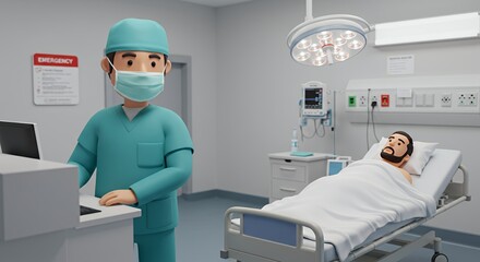 Compassionate doctor attends to a patient in a sterile hospital room, providing care and reassurance in a medical setting.