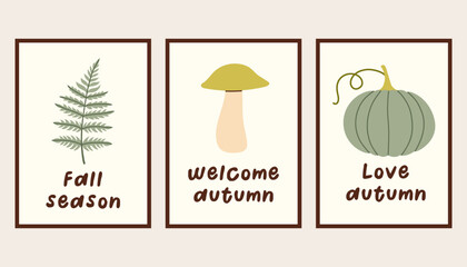 Autumn simple poster set. Fall flyer doodle set. Vectical banner autumn elements. Autumn interior design poster, end of season promo template. Vector illustration.