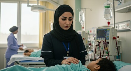 Compassionate nurse comforts a young patient in a hospital ward, offering solace and care amidst medical equipment.