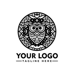 Obraz premium Ornate black and white logo featuring an owl surrounded by intricate patterns and celestial elements.
