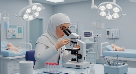 A female scientist in a hijab meticulously examines a sample under a microscope in a modern medical laboratory.