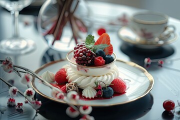 High Detail Visual of Table Arrangement for Mousse Dessert