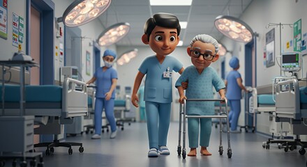 Compassionate young caregiver assists elderly patient with walker down hospital corridor.