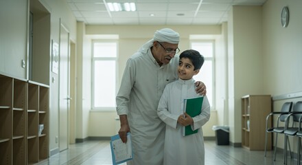Grandfather and grandson, beaming with smiles, stroll down a hospital corridor, books in hand, sharing a tender moment.