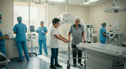 Compassionate care: A young boy assists an elderly woman with a walker in a modern medical facility, surrounded by healthcare professionals.