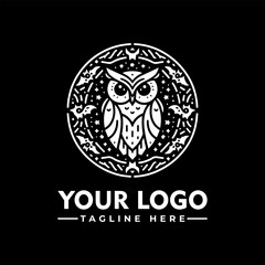A stylized owl illustration within a decorative circular frame, with text.