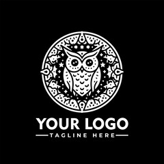 Stylized owl illustration inside a decorative circle with stars and floral elements, presented as a logo template on a black background.
