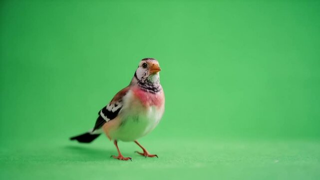 Zebra finch bird with wings spread on green background in studio shot looking at camera green screen bird video