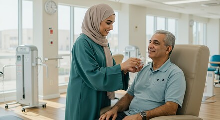 A caring woman in a hijab gently helps an elderly man with his medication in a modern healthcare facility.