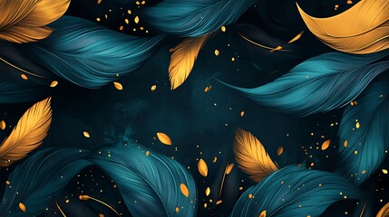Teal feathers intertwine with gold accents, creating a luxurious textured background for elegant designs